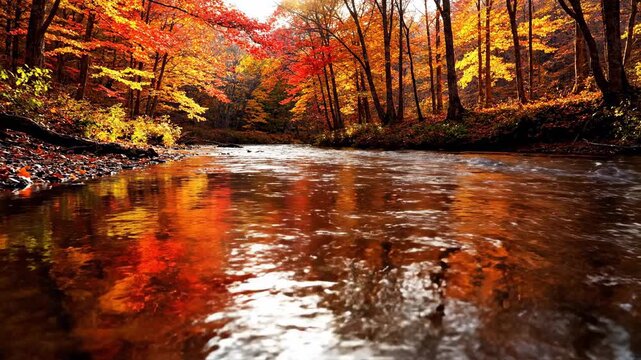 A single vibrant red maple leaf floating on the surface of a gently flowing stream reflecting the warm, golden, and orange hues of the surrounding autumn forest.