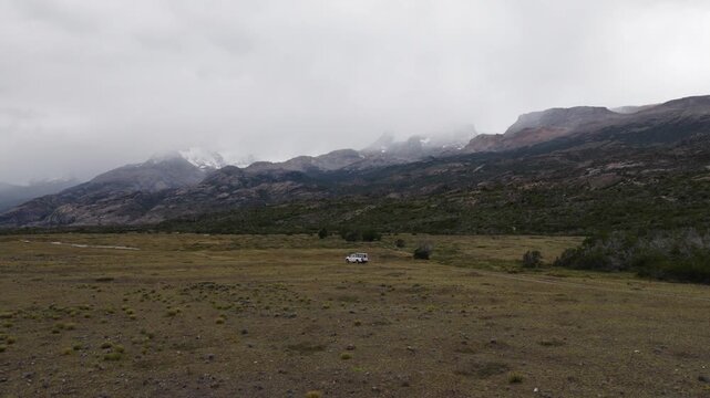 Patagonian steppe near R&iacute;o de las Vueltas and El Chalt&eacute;n, Santa Cruz, Argentina, featuring glacially sculpted valleys, subantarctic woodland and foothills of the Fitz Roy massif, low forward flyover