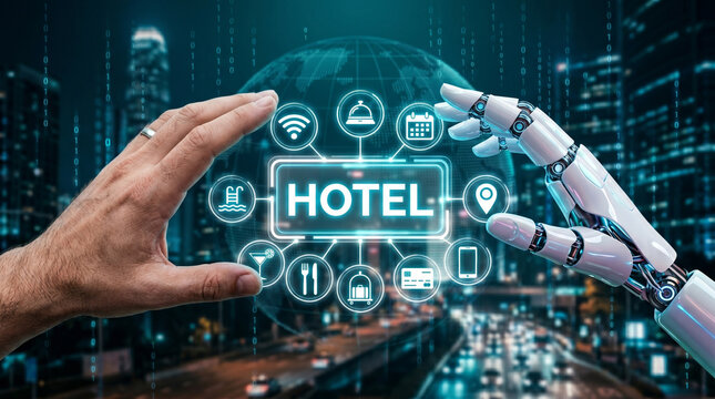 Human hand and robotic hand interacting with a glowing digital hotel management interface screen display