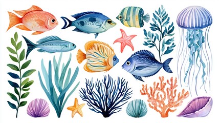 Fototapeta premium Watercolor Ocean Creatures Harmony on White Background 