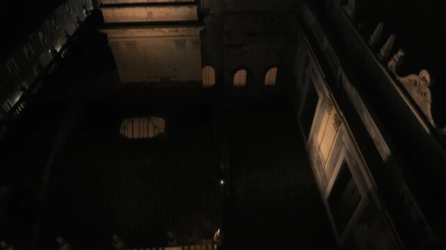 Basilica Della Collegiata Clock Tower And The Lit Dome Of The Catania Cathedral At Night In Sicili, Italy. - aerial shot