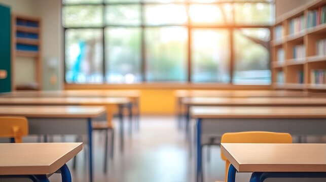 Empty Classroom With Desks And Bookshelves Blurred Focused Background For Education And Study Theme