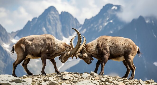 Two wild mountain goats locking horns in rugged alpine landscape