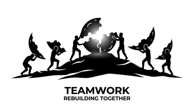 Teamwork concept with people rebuilding puzzle globe together