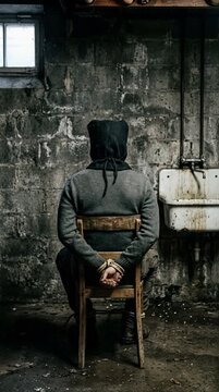 Solitary Figure Bound and Seated on Wooden Chair in Dimly Lit Gritty Environment