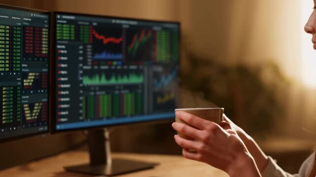 Financial charts on a monitor beside a coffee cup in a warm office workspace