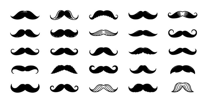 Mustaches in Various Styles and Designs, Including Thick, Thin, and Patterned Variations, Displayed in a Grid Format.