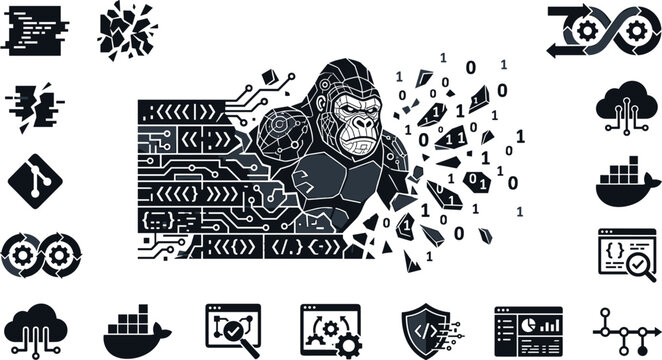 DevOps Software Development Illustration Featuring Cyber Gorilla Mascot with Git Docker Cloud and Continuous Integration Symbols for Tech Infrastructure Engineering Solutions