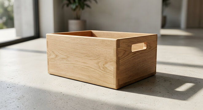 Modern Minimalist Wooden Storage Crate on Concrete Floor