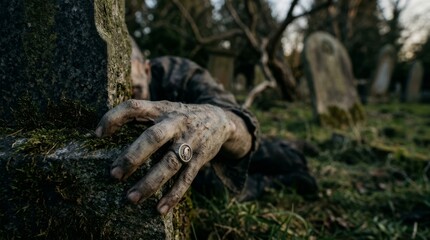 Obraz premium Dirty zombie hand with long fingernails reaching from the grave onto moss-covered tombstone in a dark spooky cemetery. Halloween monsters, makeup and costumes for the holiday, scary