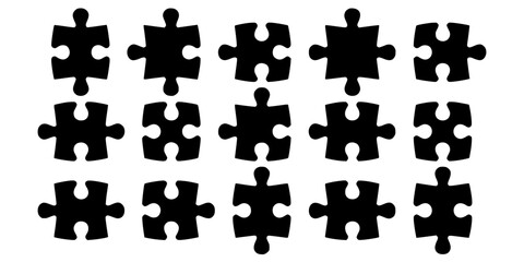 Naklejka premium Puzzle Pieces Arranged in a Grid Pattern, Showcasing Various Interlocking Shapes and Designs. Featuring Jigsaw, Black, Silhouette with Arrangement