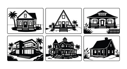 Naklejka premium Tropical House Silhouettes With Palm Trees Black Vector Illustration