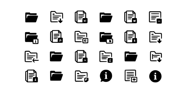 Document Icons, Folder Folders and Information Symbols in Black and White Line Style, Organized Grid Layout for Ui Design