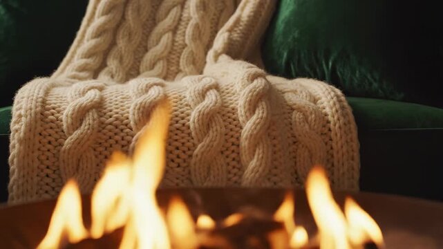 cozy living room scene with a plush green sofa, thick cable-knit blanket, and warm glowing candles beside a fireplace, creating a hygge atmosphere