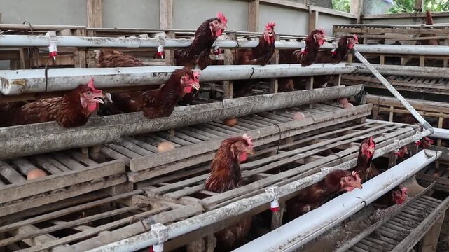 Organized poultry facility with multiple layers of cages housing laying hens, where eggs roll onto collection platforms in a controlled environment.