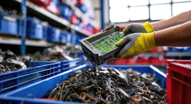 Worker sorting electronic waste for recycling in a facility.