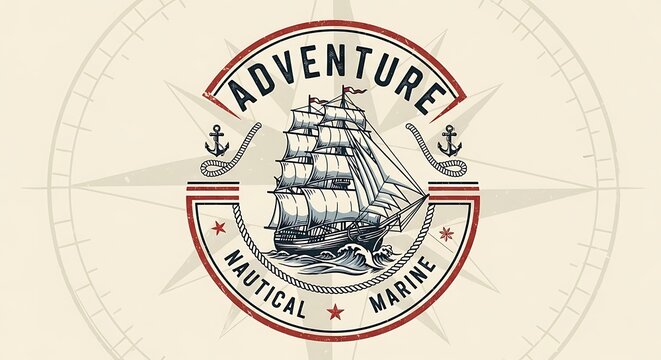Vintage nautical badge featuring a sailing ship and compass rose on parchment