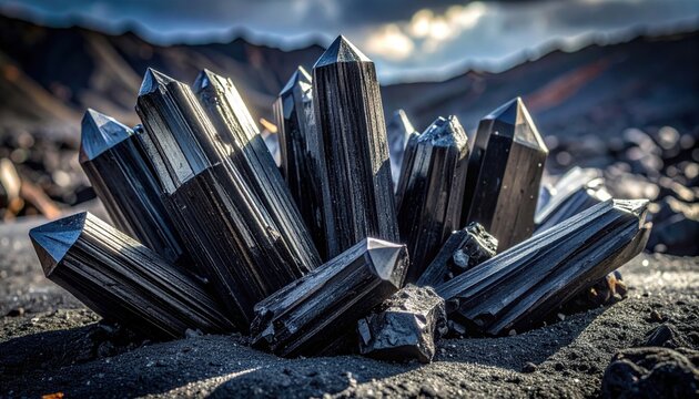 Jagged unpolished black tourmaline crystals with strong parallel striations on a dark earthy ground