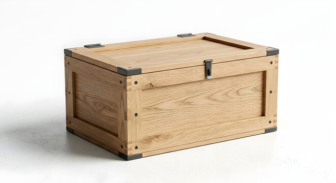 Modern Minimalist Wooden Storage Chest with Metal Corners on White