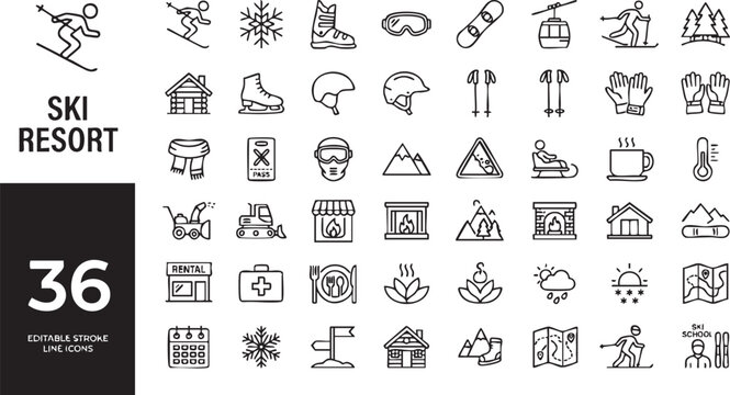 Set of 36 ski resort line icons