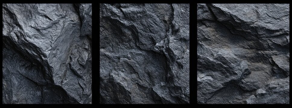 Three panels displaying close-ups of dark gray, textured, layered shale rock