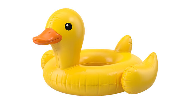 Bright yellow inflatable duck pool float designed for summer fun and water play providing a comfortable and buoyant seat for children and adults at the beach or swimming pool.