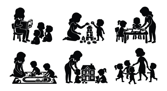 Vector Illustration Of Mothers With Children In Various Activities