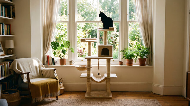 A majestic black cat sits perched high atop a multi level cat tree by a bright sunny bay window inside a cozy beautifully decorated living room overlooking a lush green garden