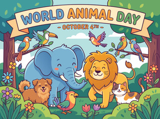 Fototapeta premium Cute Forest Creatures and Household Friends Group Portrait for October Awareness