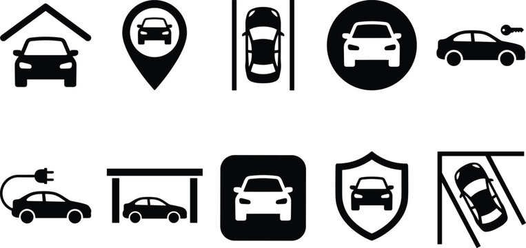 Car parking and garage glyph icon set featuring automobile location ev charging security insurance and vehicle rental silhouette symbols