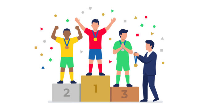 Cartoon football players standing on podium with gold medals and trophies celebrating victory award ceremony first place winner circle football ceremony champion character