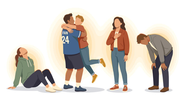 Diverse cartoon football players expressing post-match emotions and sportsmanship with football emotions sportsmanship teammates competition character illustration exhaustion