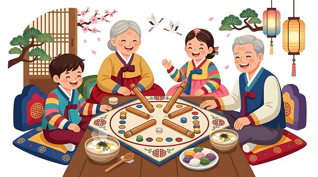 Korean Family Celebrating Seollal Playing Traditional Yut Nori Game