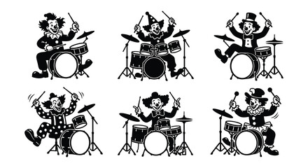 Obraz premium Clown Playing Drums Black Silhouette Vector Illustration Set