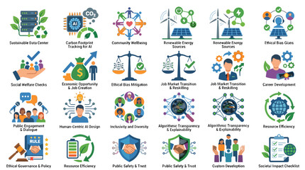 Fototapeta premium Sustainable Technology and Corporate Social Responsibility Icons Set for Digital Presentations and Web Design Infographics