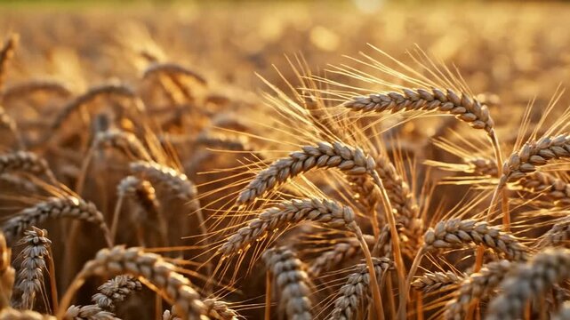 golden wheat field at sunset, detailed close-up of ripe cereal ears with soft bokeh, natural agriculture and harvest background