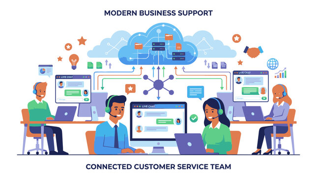Illustration of a diverse customer service team working collaboratively around a desk with computers and cloud-based software.