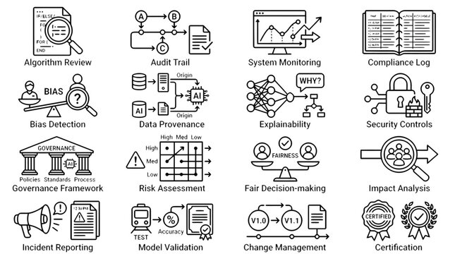 Set of Artificial Intelligence Governance and Data Ethics Line Icons for Software Development and Cybersecurity Compliance Reports