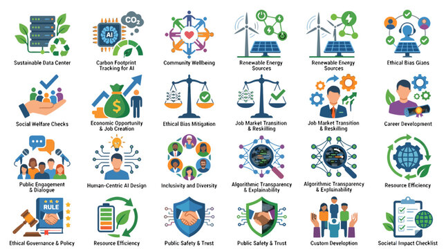 Sustainable Technology and Corporate Social Responsibility Icons Set for Digital Presentations and Web Design Infographics