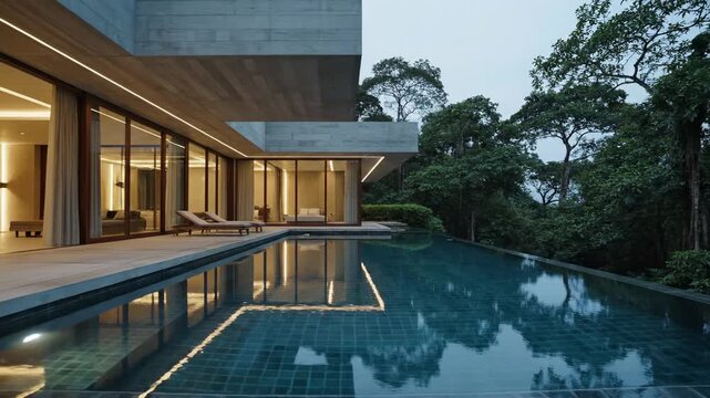 Modern luxury villa with infinity pool and forest backdrop at dusk, soft interior lights creating a serene ambiance, ideal for travel and real estate