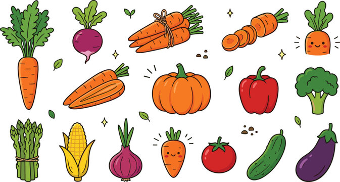 Cute Kawaii Vegetable Cartoon Icon Set with Carrot, Pumpkin, Broccoli, Tomato, Onion, Corn, and More for Stickers, Kids, and Food Designs