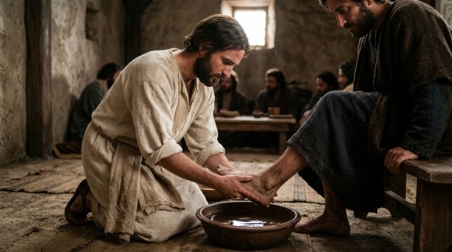 Jesus washing the feet of his disciple, Peter, in a biblical scene depicting humility and servitude