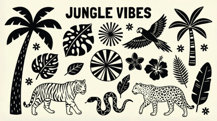 Jungle Vibes tropical vector collection, black silhouette exotic animals and palm leaves, tiger leopard and parrot safari elements for summer design © Hinaa