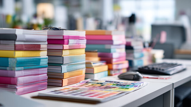 colorful notebook stack and print color swatch on creative office desk in modern design studio workspace