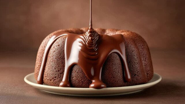 Moist chocolate cake drizzled with melted chocolate syrup on a white plate with smooth and rich texture close-up in warm brown background setting
