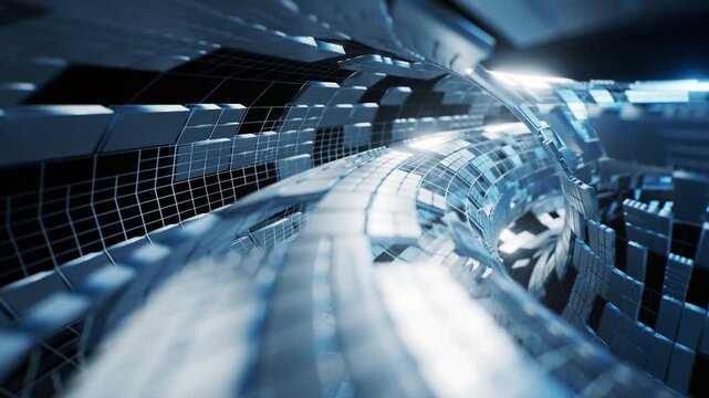 Round tunnel with metallic technological cubes, 3d rendering.