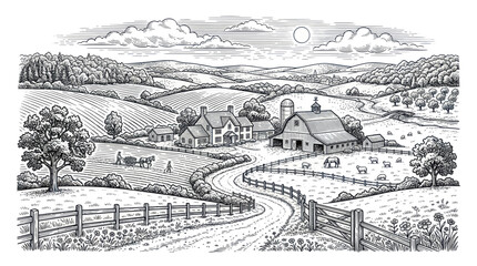 Rural farm landscape with barn and rolling hills in engraving style © Teh