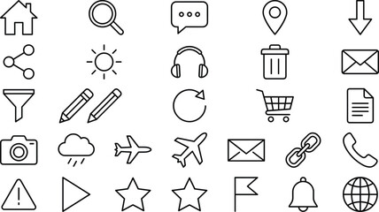 Essential user interface linear vector icon set featuring home search chat location share mail shopping cart and setting symbols © PUTUL