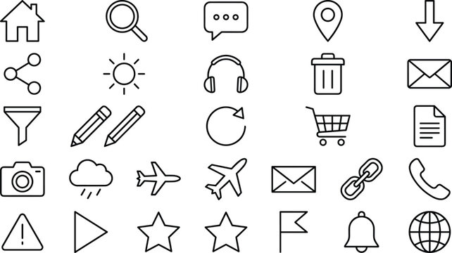Essential user interface linear vector icon set featuring home search chat location share mail shopping cart and setting symbols