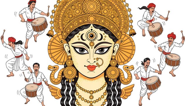 Traditional Durga Puja Goddess Face with Dhak Drummers Festival